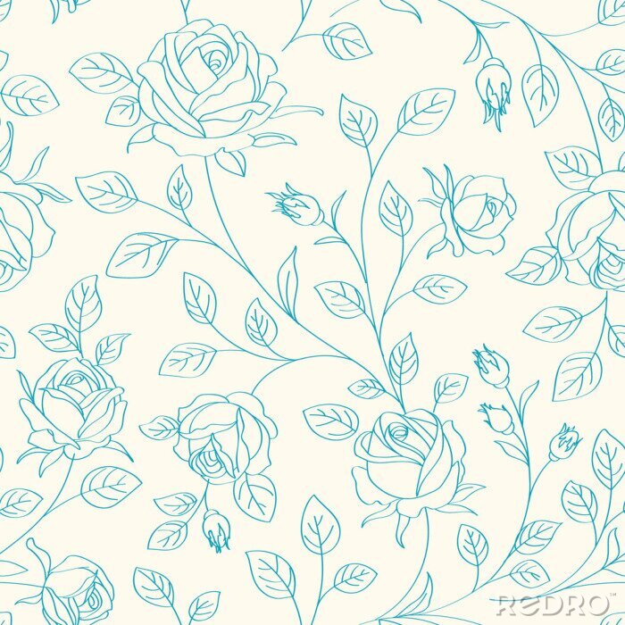 Sticker Blauw motief met roos en bladeren