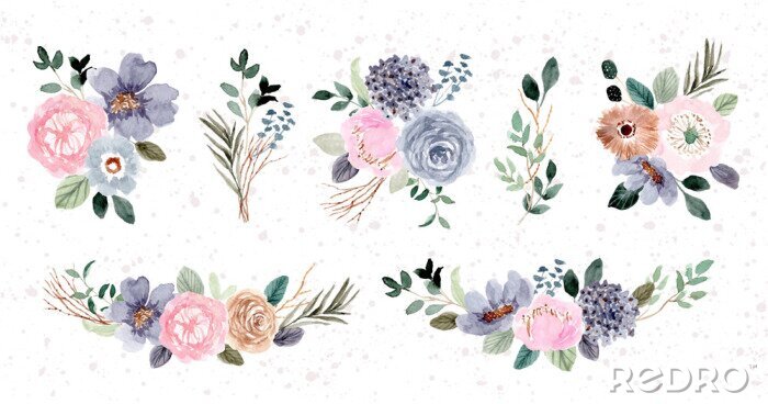 Sticker Blauw-roze subtiele bloemenillustraties