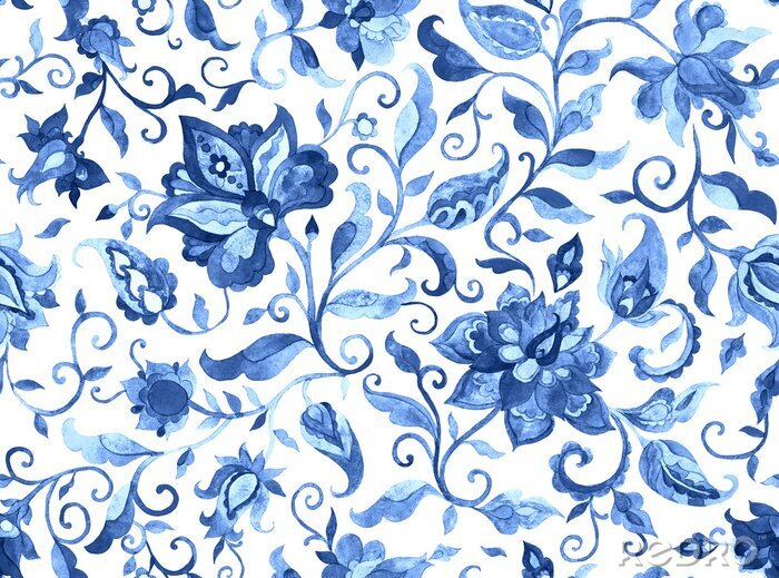 Sticker Blauw waterverf bloemenornament