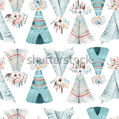 Sticker Blauw-witte Indiase tipi's versierd met bloemen