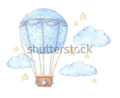 Sticker Blauwe ballon tussen wolken en sterren