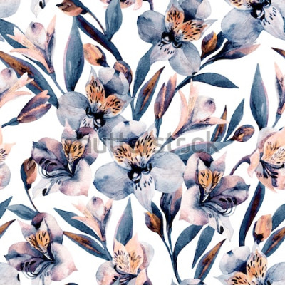 Sticker Blauwe bloemen met oranje elementen