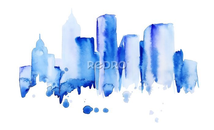 Sticker Blauwe gebouwen geschilderd met waterverf