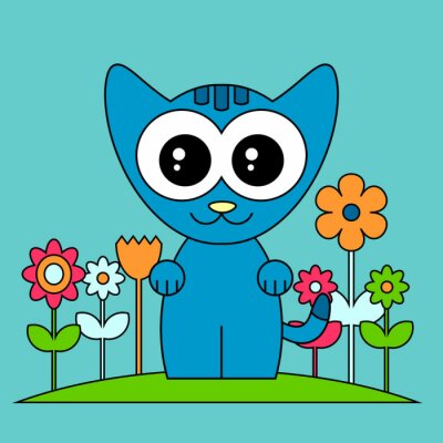 Blauwe kat tussen bloemen minimalistische afbeeldingen