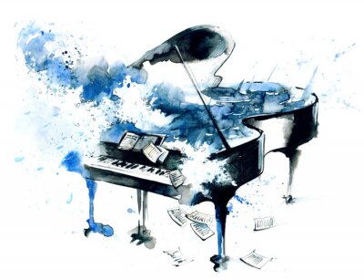 Blauwe piano geschilderd met waterverf