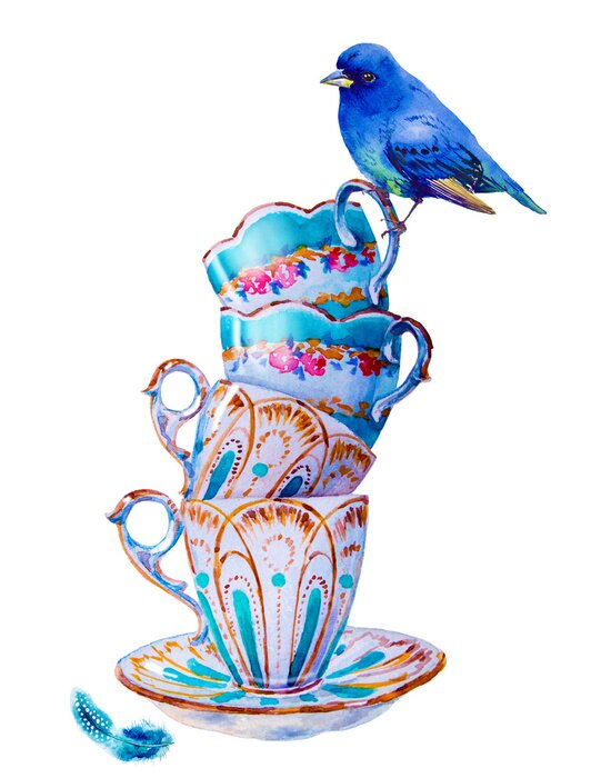 Sticker Blauwe vogel en shabby chic kopjes