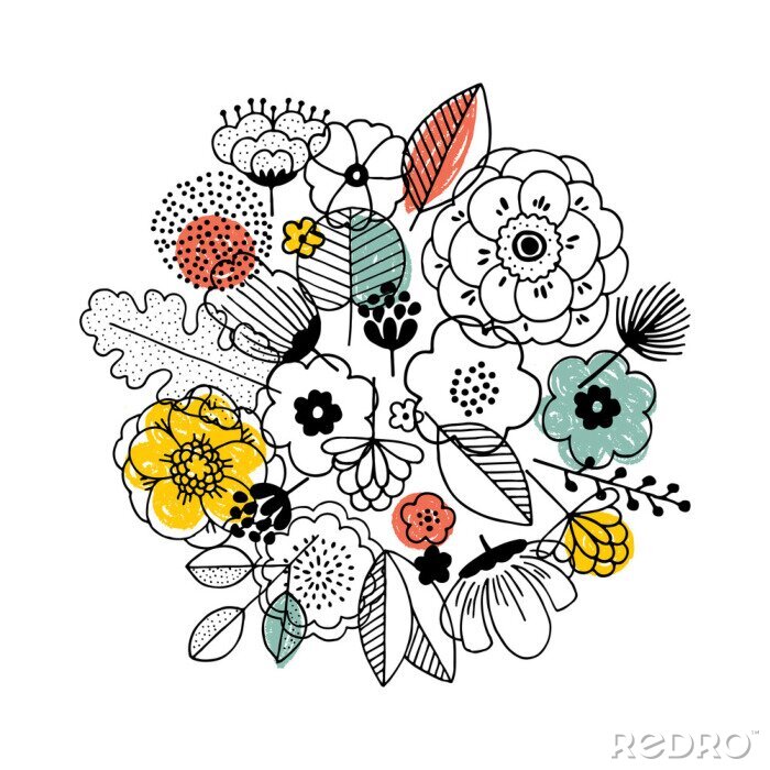 Sticker Bloemboeket samenstelling. Lineaire afbeelding. Florals achtergrond. Scandinavische stijl. Vector illustratie