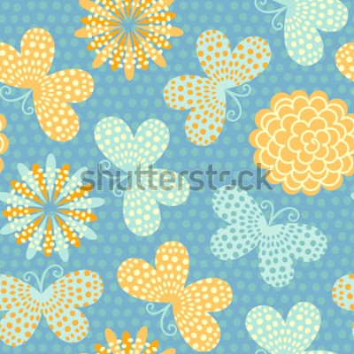 Sticker Bloemen en vlinders op een blauwe achtergrond