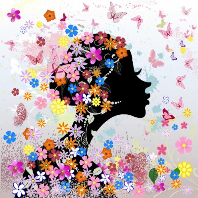 Bloemen kapsel, meisje en vlinder