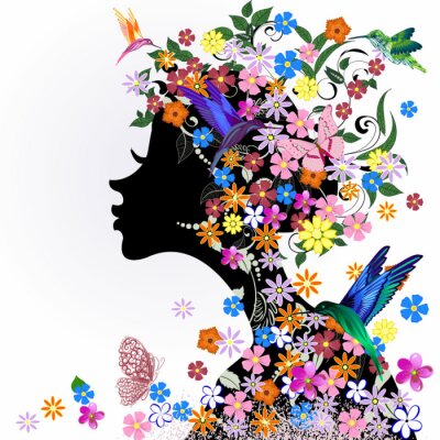 Bloemen kapsel, meisje en vlinder vogel
