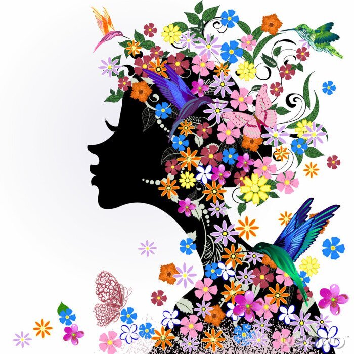 Sticker Bloemen kapsel, meisje en vlinder vogel