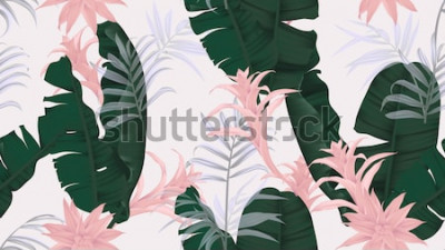 Sticker Bloemen naadloos patroon, groene banaanbladeren, roze Bromeliaceae-installatie en palmbladen op lichtgrijze achtergrond, pastelkleur uitstekend thema