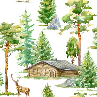 Bloemen naadloos patroon van een houten huis, herten, pijnboom, sparren, steen en bladwisselende boom.Rural landschap.Watercolor hand getekende illustratie.Witte achtergrond.