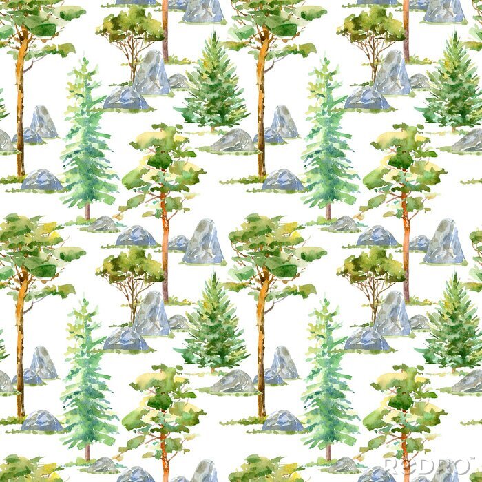 Sticker Bloemen naadloos patroon van een pijnboom, sparren, steen en bladwisselende boom.Watercolor hand getekende illustratie.Witte achtergrond.
