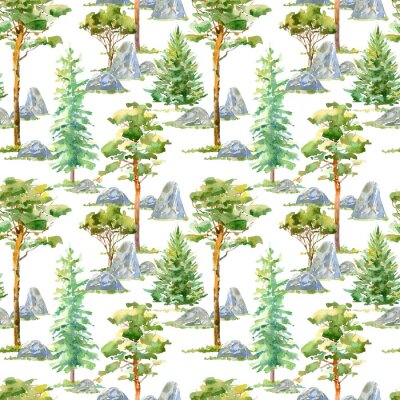 Behang Bloemen naadloos patroon van een pijnboom, sparren, steen en bladwisselende boom.Watercolor hand getekende illustratie.Witte achtergrond.