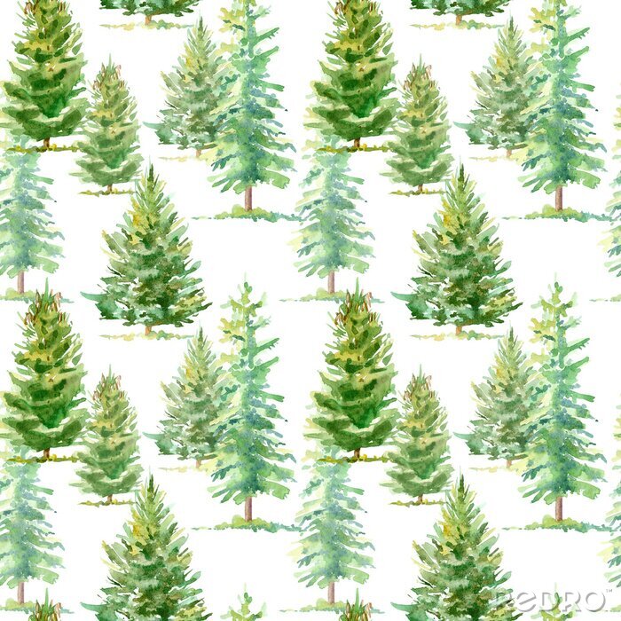 Sticker Bloemen naadloos patroon van een sparrenboom.Watercolor hand getekende illustratie.Witte achtergrond.