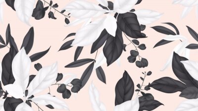Bloemen naadloos patroon, zwart-witte magnoliabladeren, eucalyptusbladeren op lichtoranje achtergrond
