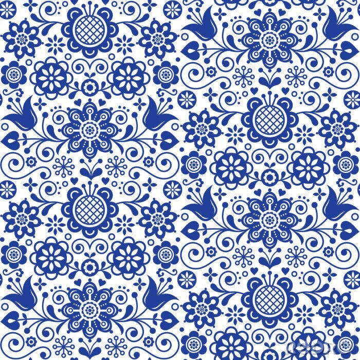 Sticker Bloemen naadloos volkskunst vectorpatroon, Skandinavisch marineblauw herhaald ontwerp, Noords ornament met bloemen