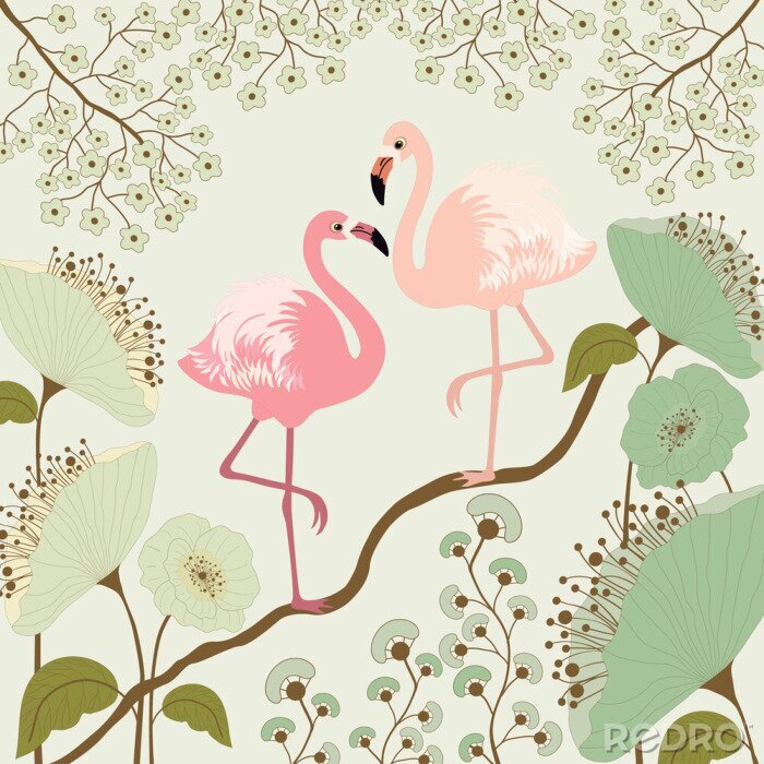 Sticker Bloemenillustratie met vogels