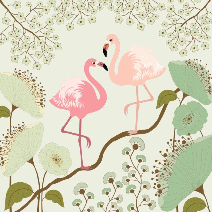 Sticker Bloemenillustratie met vogels