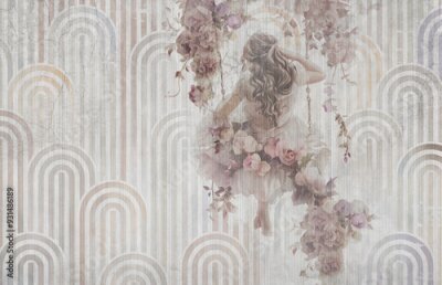 Bloemenschommel met een meisje op een geometrische achtergrond