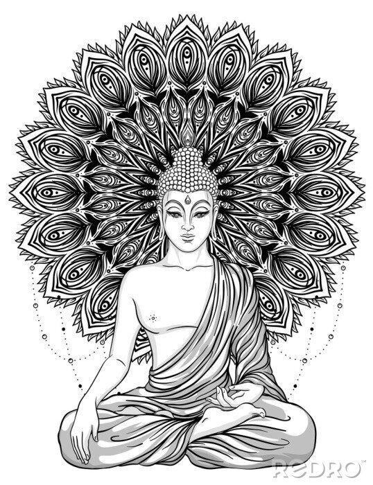 Sticker Boeddha zitten over versierde roosbloem. Esoterische vintage vector illustratie. Indisch, Boeddhisme, geestelijke kunst. Hippie tattoo, spiritualiteit, Thaise god, yoga zen