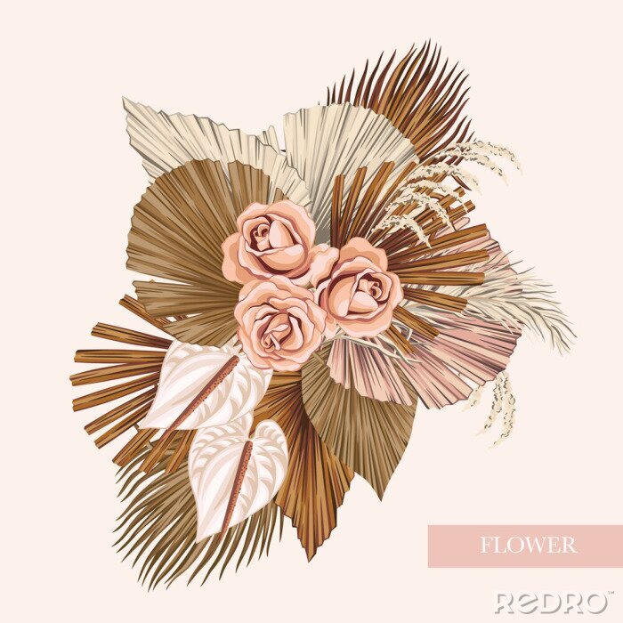 Sticker Boho bouquet dried palm leaves rose anthurium flower illustration. Tropical jungle floral vector composition.