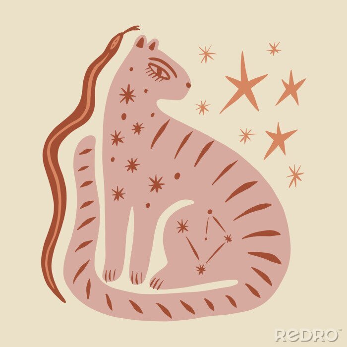 Sticker Boho hippie groovy tiger and snake abstraction minimalist modern wall art folk ethnic african animals print in trendy flat naive doodle style