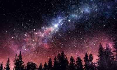 Bos en sterrenhemel 's nachts