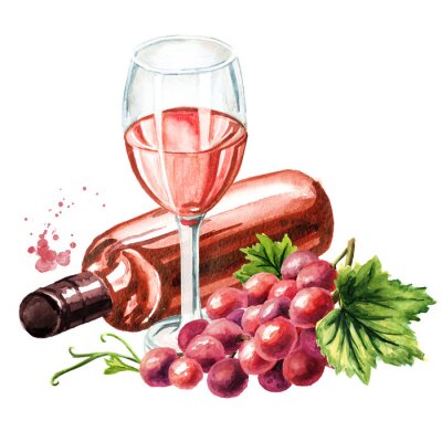 Sticker Bottle and glass of Rose wine with vine leaves and grape berries. Hand drawn watercolor illustration isolated on white background