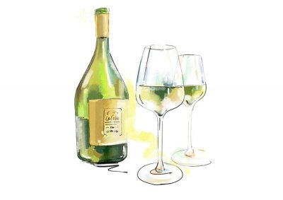 Sticker bottle and glass of white wine isolated