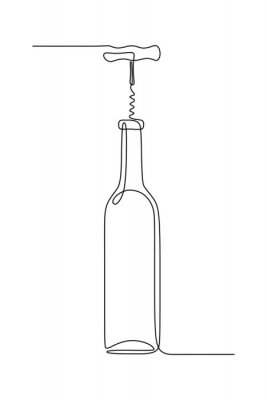 Sticker Bottle of wine with corkscrew in continuous line art drawing style. Minimalist black linear sketch isolated on white background. Vector illustration