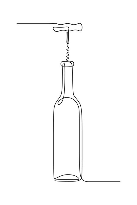 Sticker Bottle of wine with corkscrew in continuous line art drawing style. Minimalist black linear sketch isolated on white background. Vector illustration