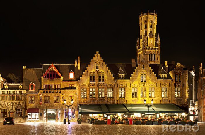 Sticker Bourg plein in de nacht, Brugge. België