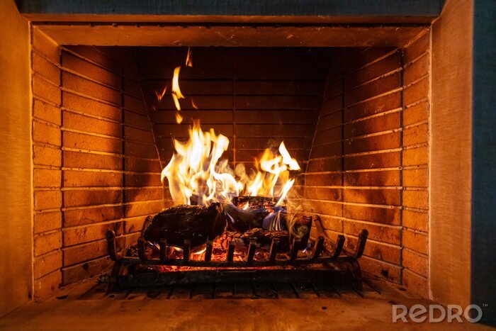 Sticker Brandend hout in de open haard imitatie van een haardvuur