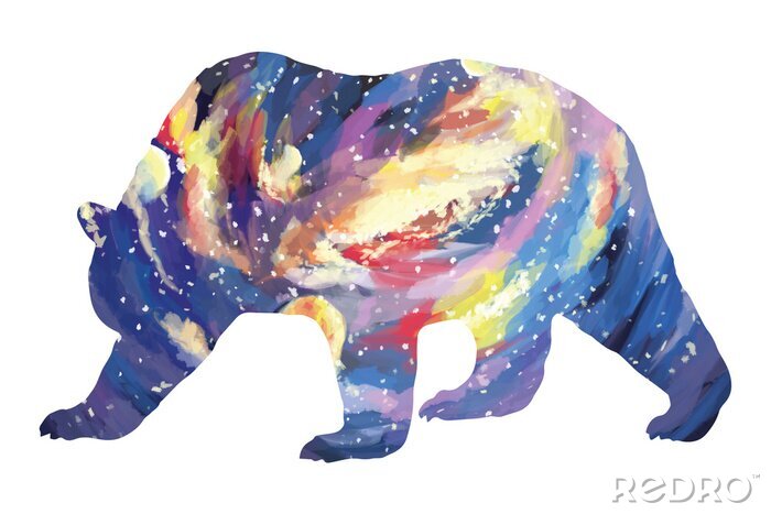 Sticker Bright bear silhouette galaxy sky. Slumber illustration on white background