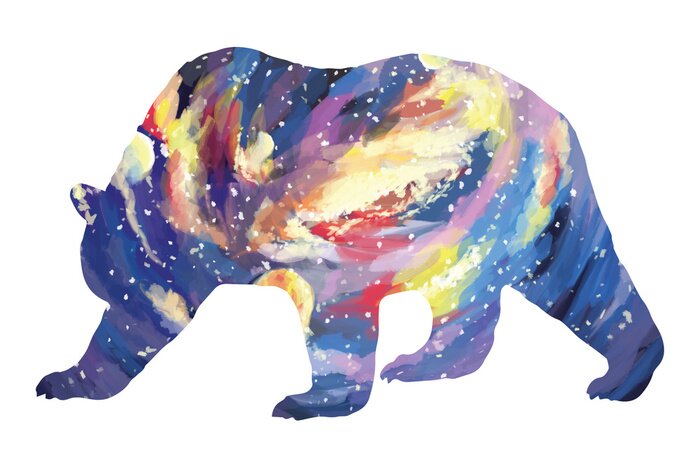 Sticker Bright bear silhouette galaxy sky. Slumber illustration on white background