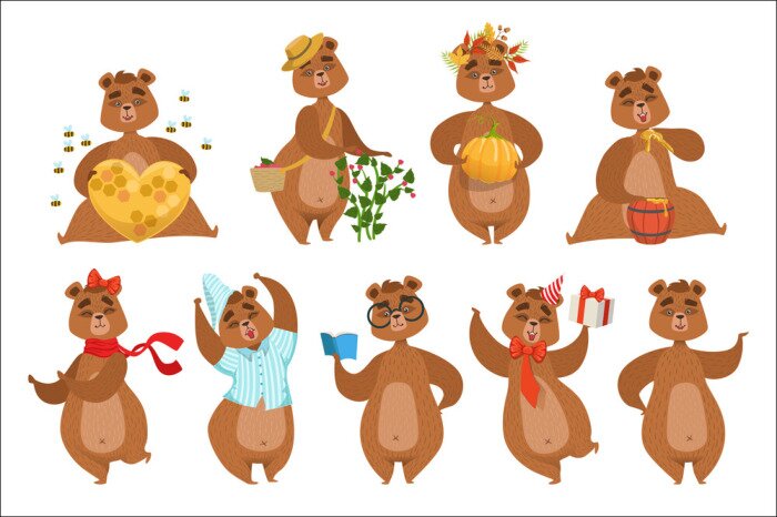 Sticker Bruin draag verschillende activiteitenreeks Girly-Karakterstickers