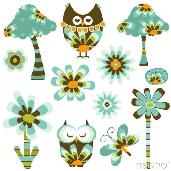 Sticker Bruine en blauwe uilpaddestoelen en bloemen