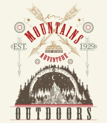 Sticker Buitenafdruk. Bergen tattoo kunst, t-shirt ontwerp. Bergen, symboolreizen, toerisme, extreme sporten en bergbeklimmen, bergenstammen