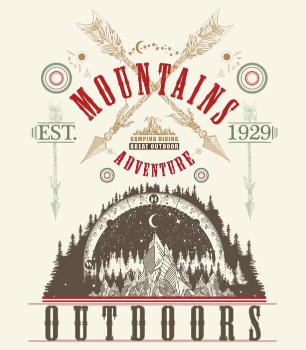 Sticker Buitenafdruk. Bergen tattoo kunst, t-shirt ontwerp. Bergen, symboolreizen, toerisme, extreme sporten en bergbeklimmen, bergenstammen