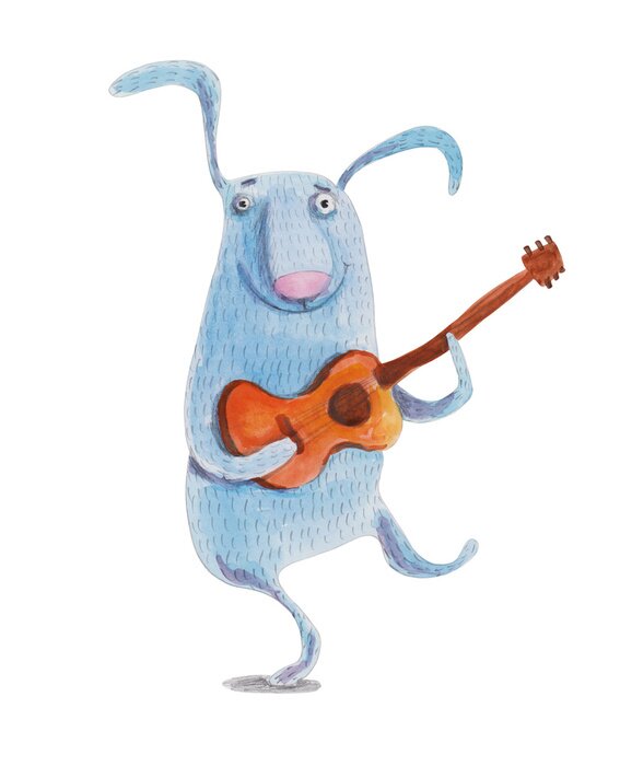 Sticker Bunny met gitaar. Illustratie van de waterverf. Handtekening