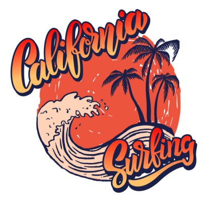 Sticker California surf rijder. Poster sjabloon met belettering en palmen.