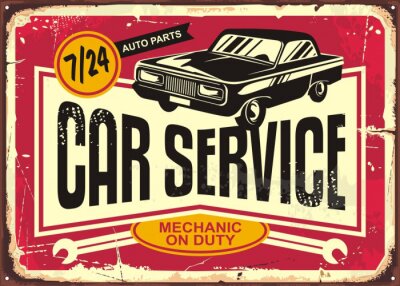 Sticker Car service vintage tin sign. Antique plaque with retro car on red damaged background. Vector illustration.