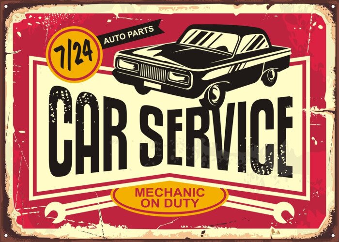 Sticker Car service vintage tin sign. Antique plaque with retro car on red damaged background. Vector illustration.