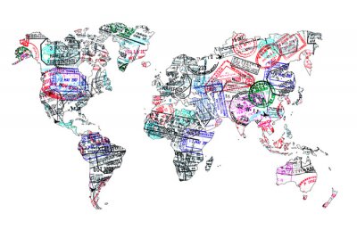 Sticker Carte du monde tampons de passeport, isole