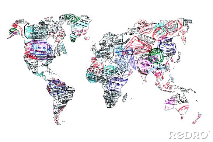 Sticker Carte du monde tampons de passeport, isole