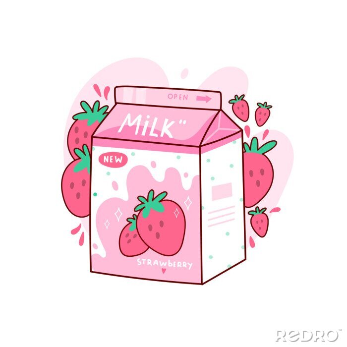 Sticker Carton of tasty strawberry milk. Japanese style packaging design. Asian product. Hand drawn colored trendy vector illustration. Kawaii anime design. Cartoon style