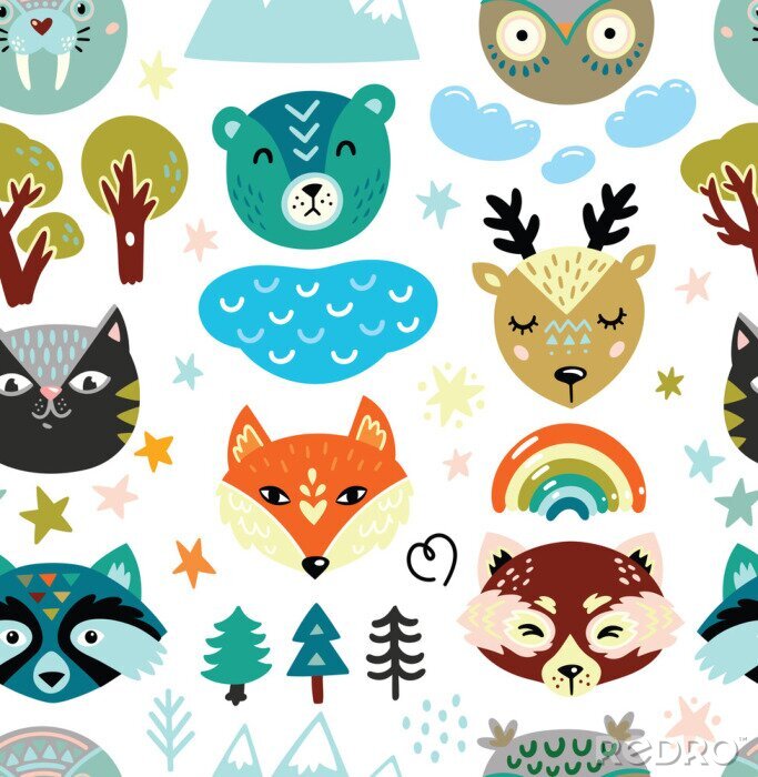 Sticker Cartoon animals heads and nature elements seamless pattern