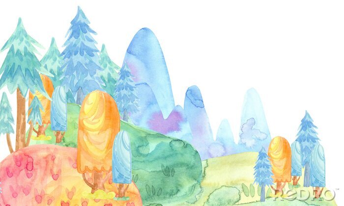 Sticker Cartoon aquarel illustratie. Leuke sprookjesachtige aard. Bos met kleurrijke sparren, bomen, bergen. kaartsjabloon